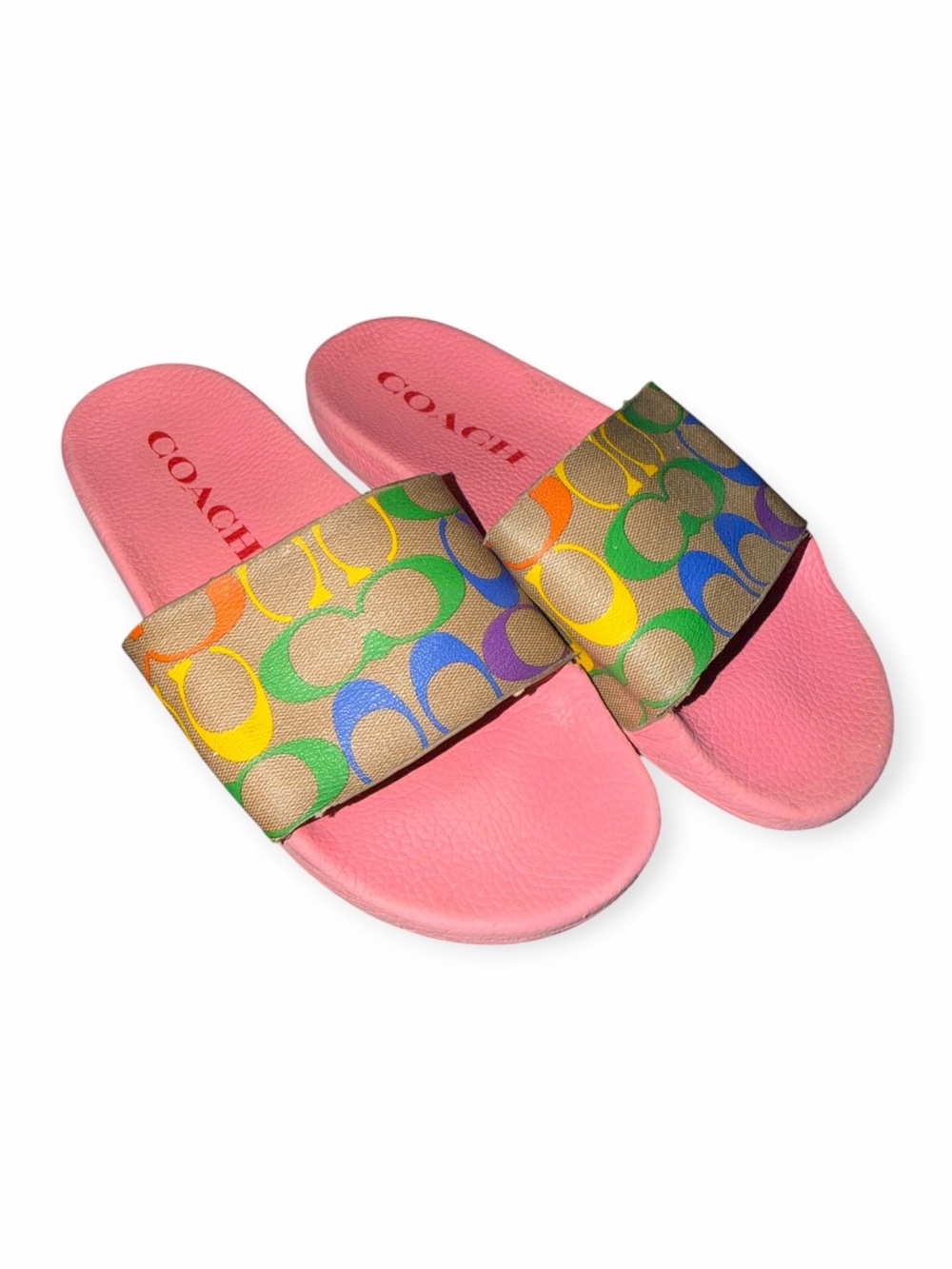 Coach Uli Sport Slide Sandals Rainbow Signature Canvas Pink- Size 9